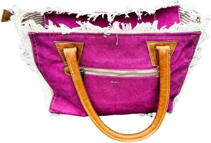 Upcycled Canvas Craft Tote Real Leather Lightweight Hand Bag with Open Zipper Carry Bags for Women's