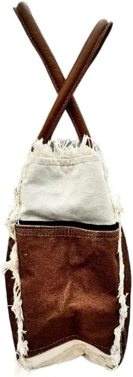 Upcycled Canvas Craft Tote Real Leather Lightweight Hand Bag with Open Zipper Carry Bags for Women's
