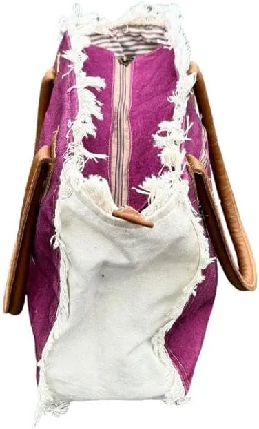 Upcycled Canvas Craft Tote Real Leather Lightweight Hand Bag with Open Zipper Carry Bags for Women's