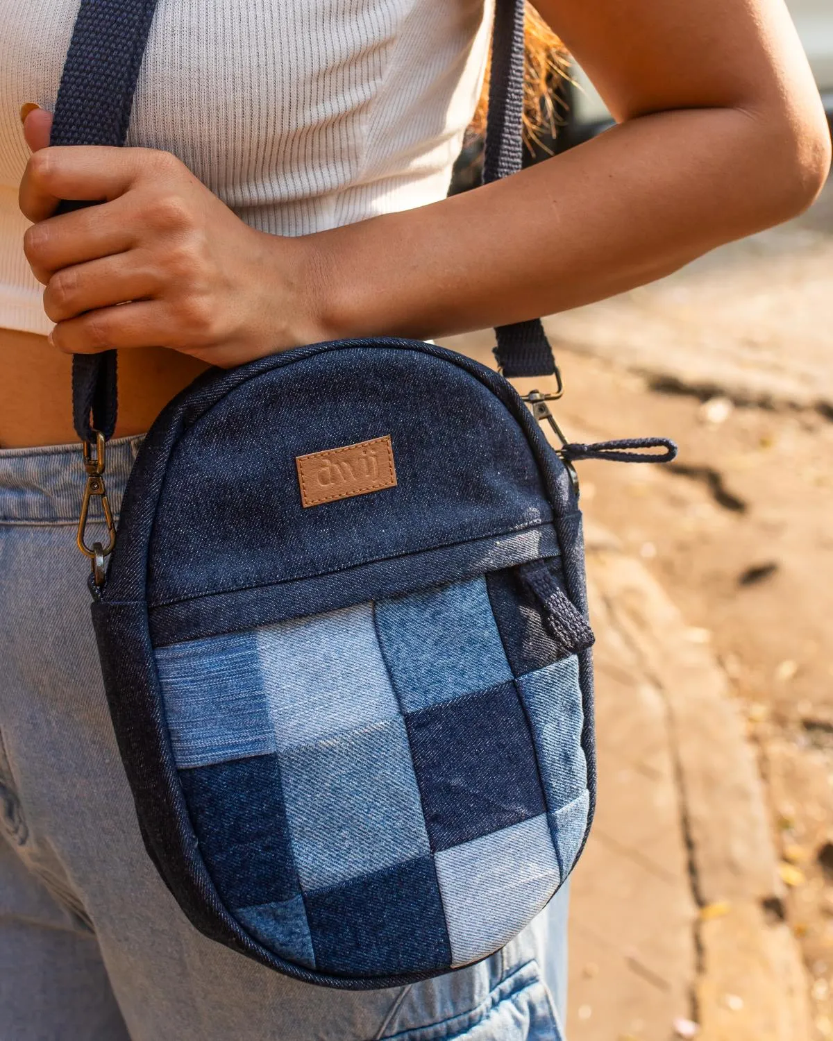 Upcycled Denim Jeans Patched Oval Fanny pack (two way bag)
