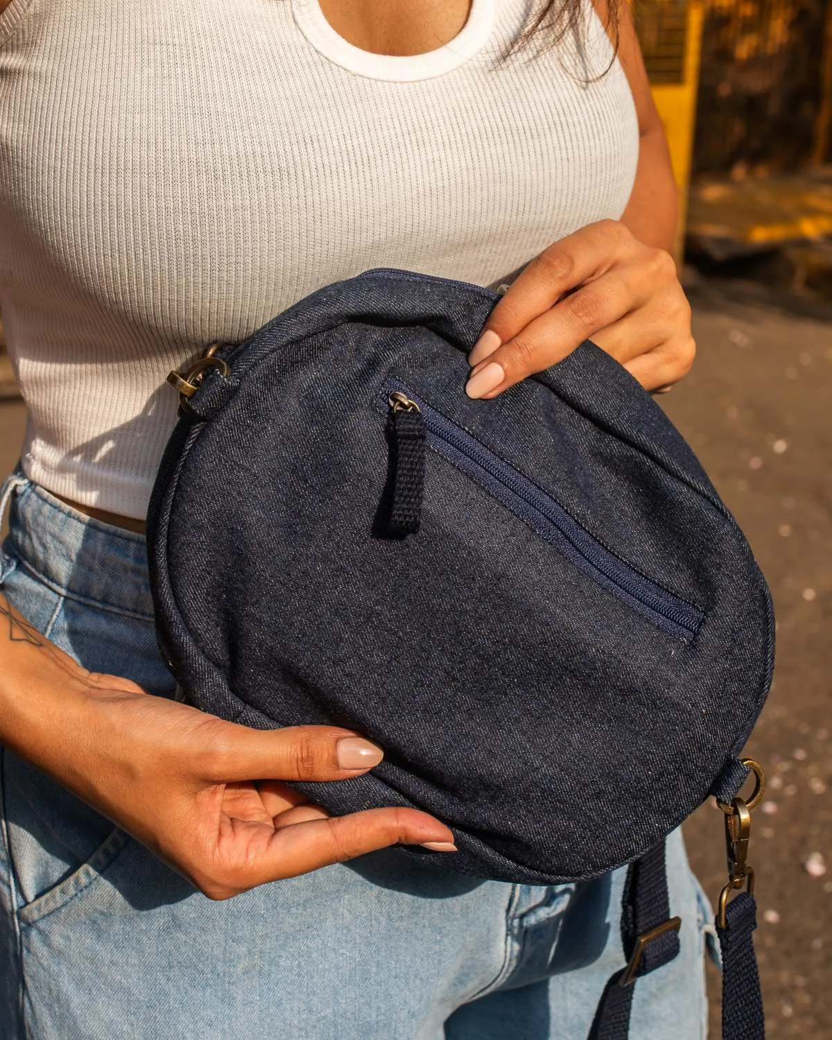 Upcycled Denim Jeans Patched Oval Fanny pack (two way bag)