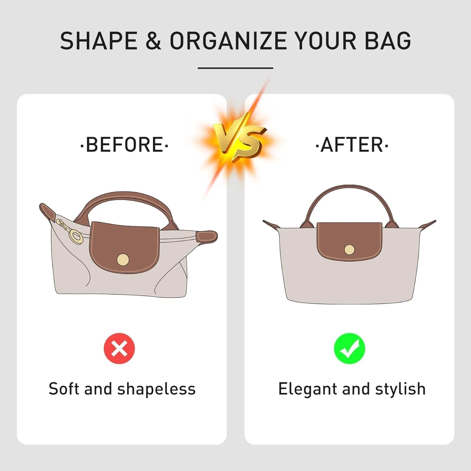 Upgraded Longchamp Mini Organizer Insert, DupontPaper Lightweight Bag Organizer Insert Compatble with Longchamp le pliage Mini Pouch Handbag Inner Shaper (XS,Black)