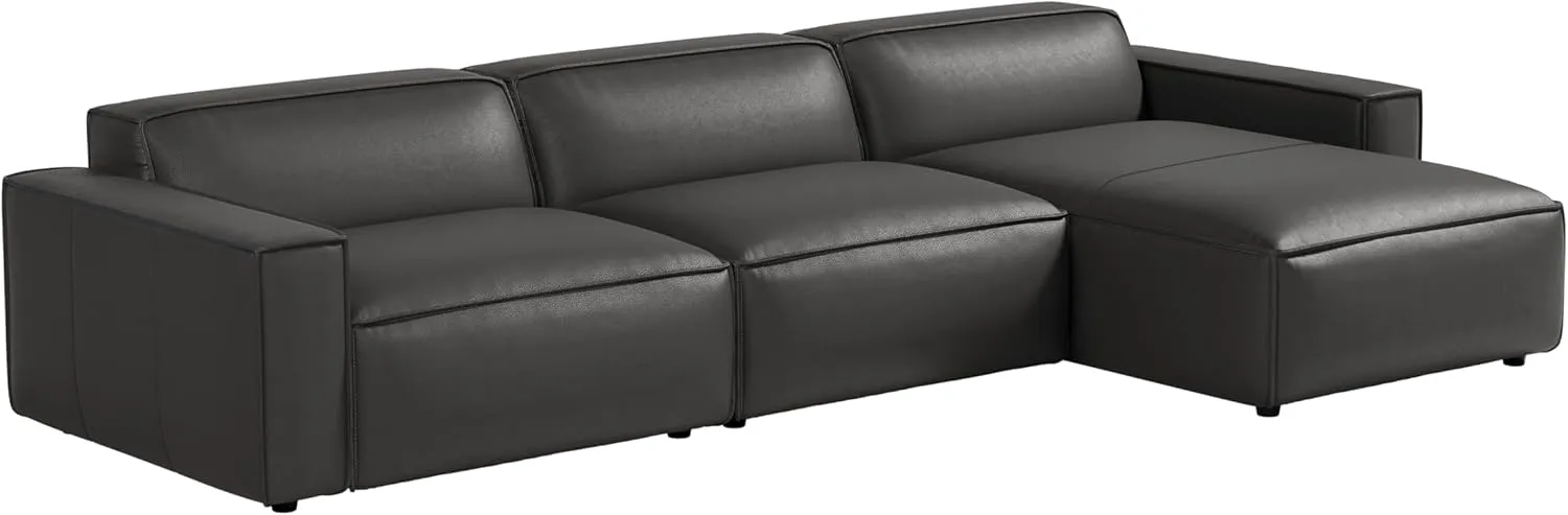Valencia Nathan Leather Modular Couch - 3 Seats with Right Chaise Sectional Sofa - 100% Full Aniline Leather Modern Sofa for Lounge and Living Room (Black)