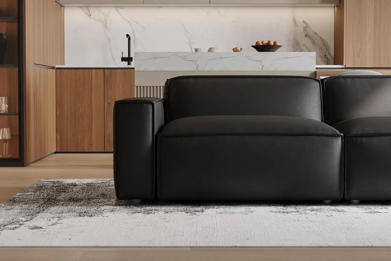 Valencia Nathan Leather Modular Couch - 3 Seats with Right Chaise Sectional Sofa - 100% Full Aniline Leather Modern Sofa for Lounge and Living Room (Black)