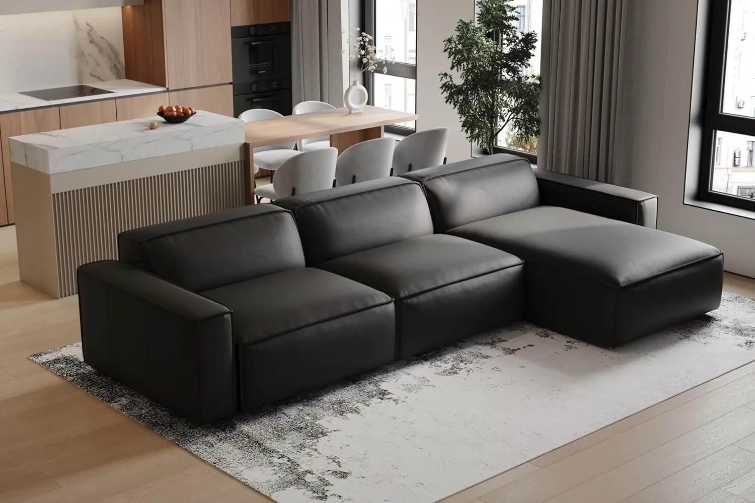 Valencia Nathan Leather Modular Couch - 3 Seats with Right Chaise Sectional Sofa - 100% Full Aniline Leather Modern Sofa for Lounge and Living Room (Black)