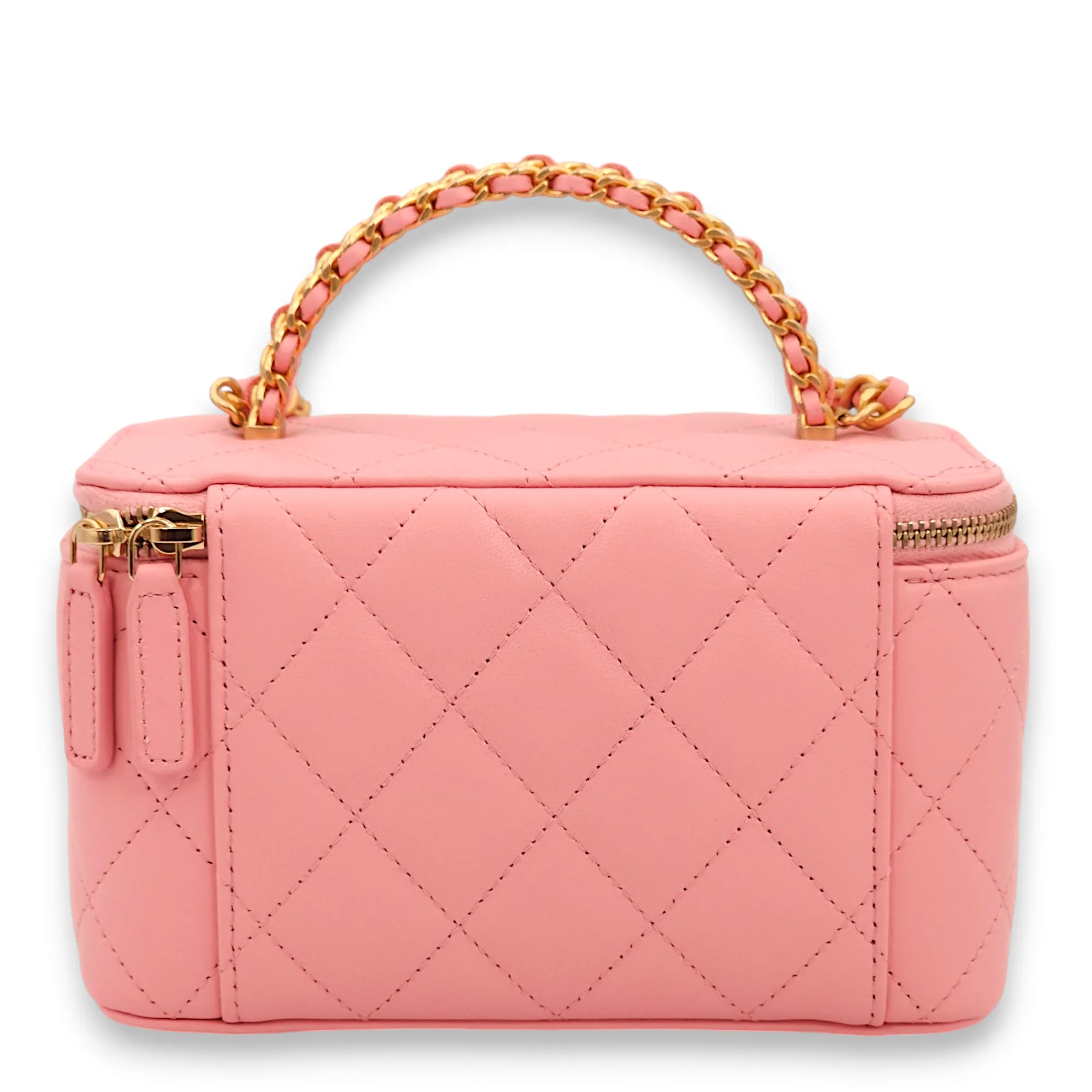 Vanity Mini Pink Top Handle Bag in Lambskin, Gold hardware