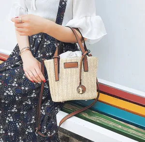 Vegan Leather Handled Straw Shoulder Bag