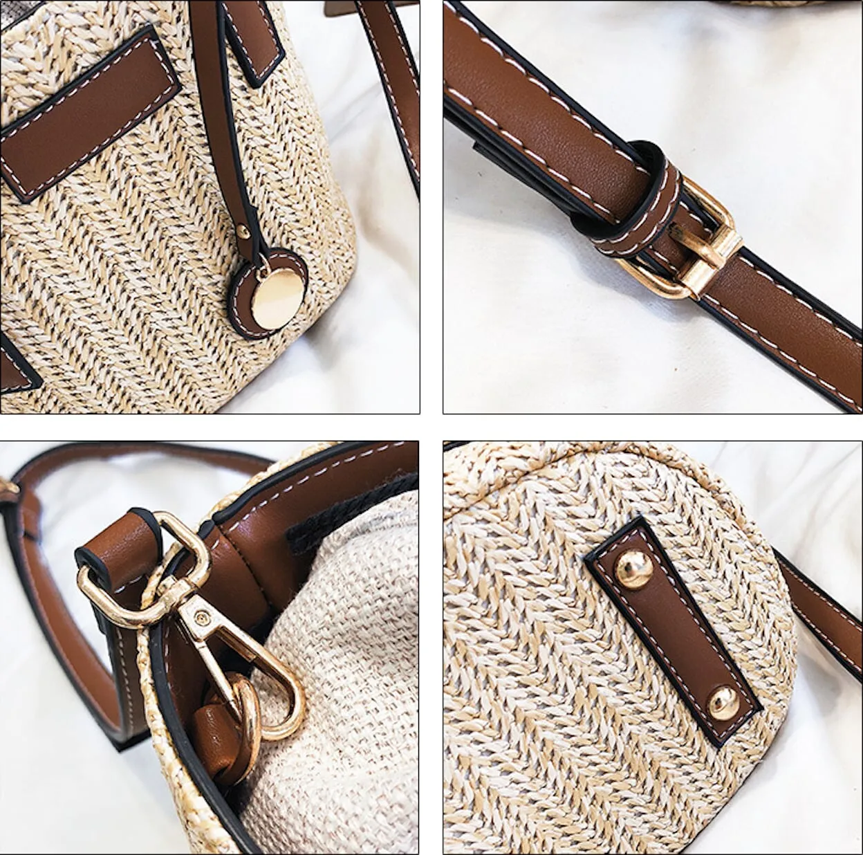 Vegan Leather Handled Straw Shoulder Bag