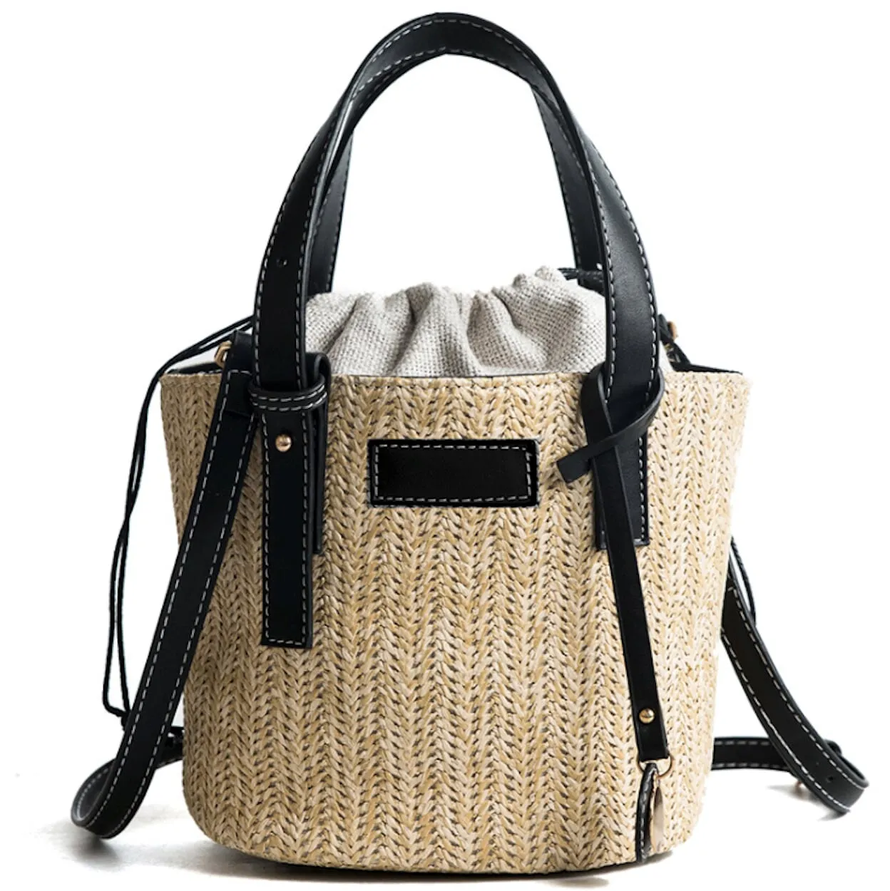 Vegan Leather Handled Straw Shoulder Bag