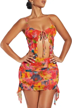 Verdusa Women's 2 Piece Outfit Ruffle Asymmetrical Cami Top and Ruched Bodycon Skirt