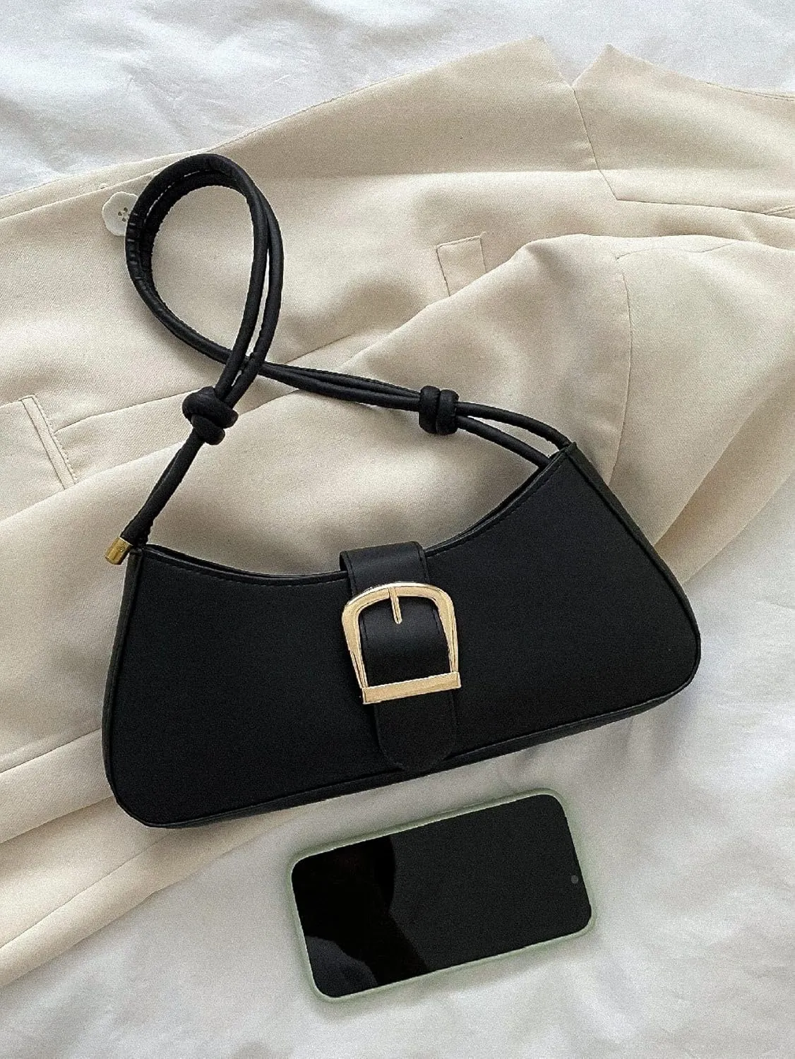 Verdusa Women's Buckle Decor solid color Shoulder Bag Hobo Zipper Top Handle Bag