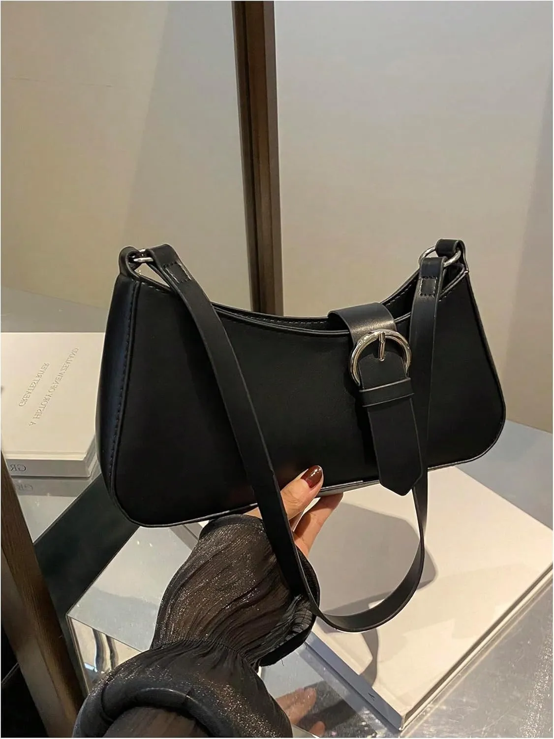 Verdusa Women's Buckle Zipper Crescent Shoulder Handbags Vintage Top Handle Underarm Bags