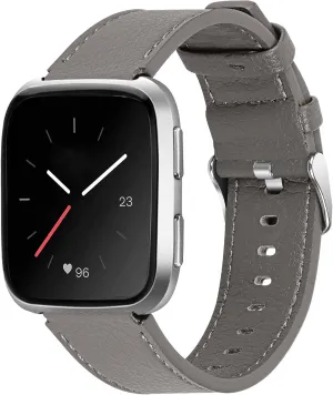 Versa Watch Strap, Adjustable Genuine Leather Wrist Strap with Metal Buckle Lightweight Replacement Accessory Band for Women Men Compatible with Versa/Versa 2/Versa Lite (Gray)