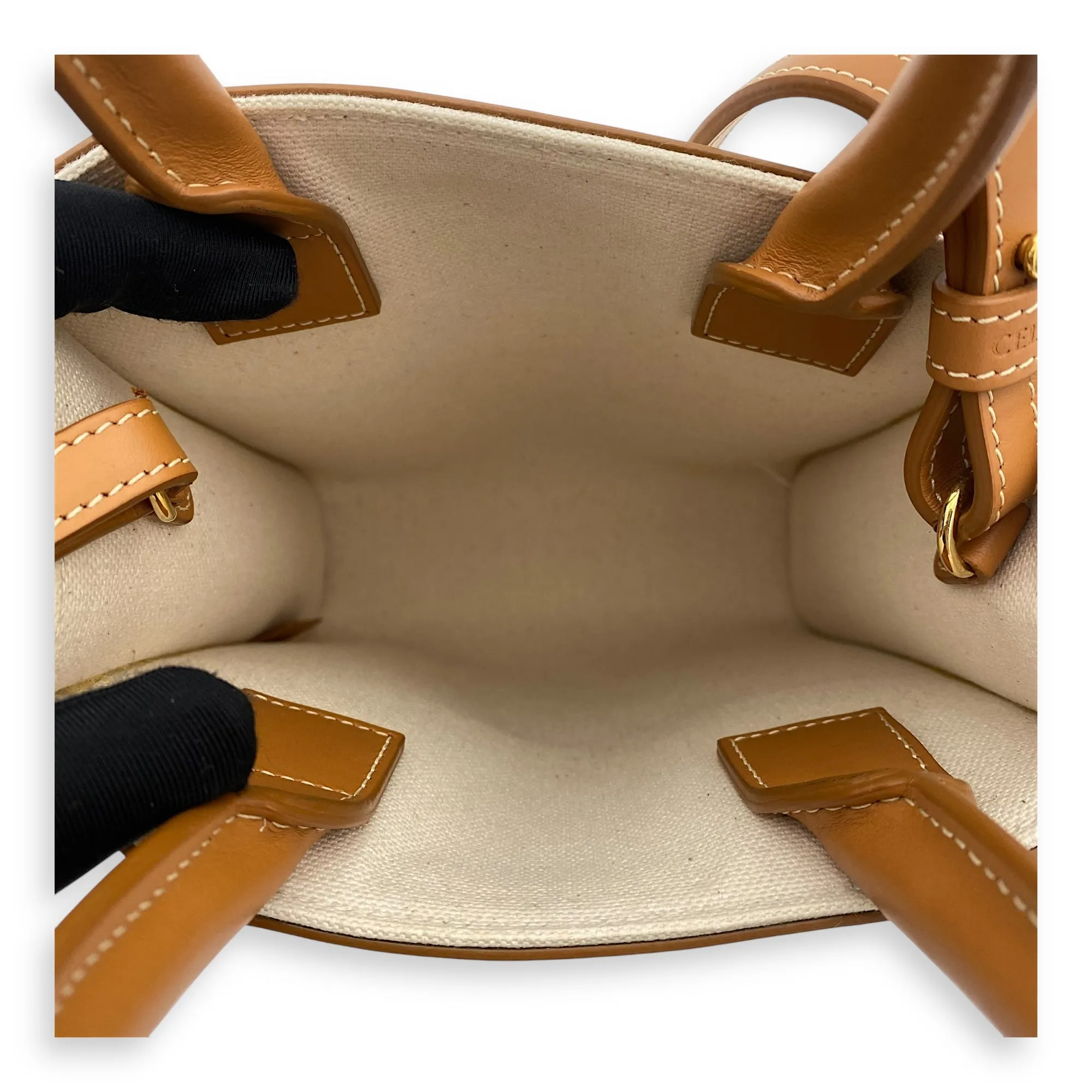 Vertical Mini Brown Top Handle Bag in Canvas, Gold hardware