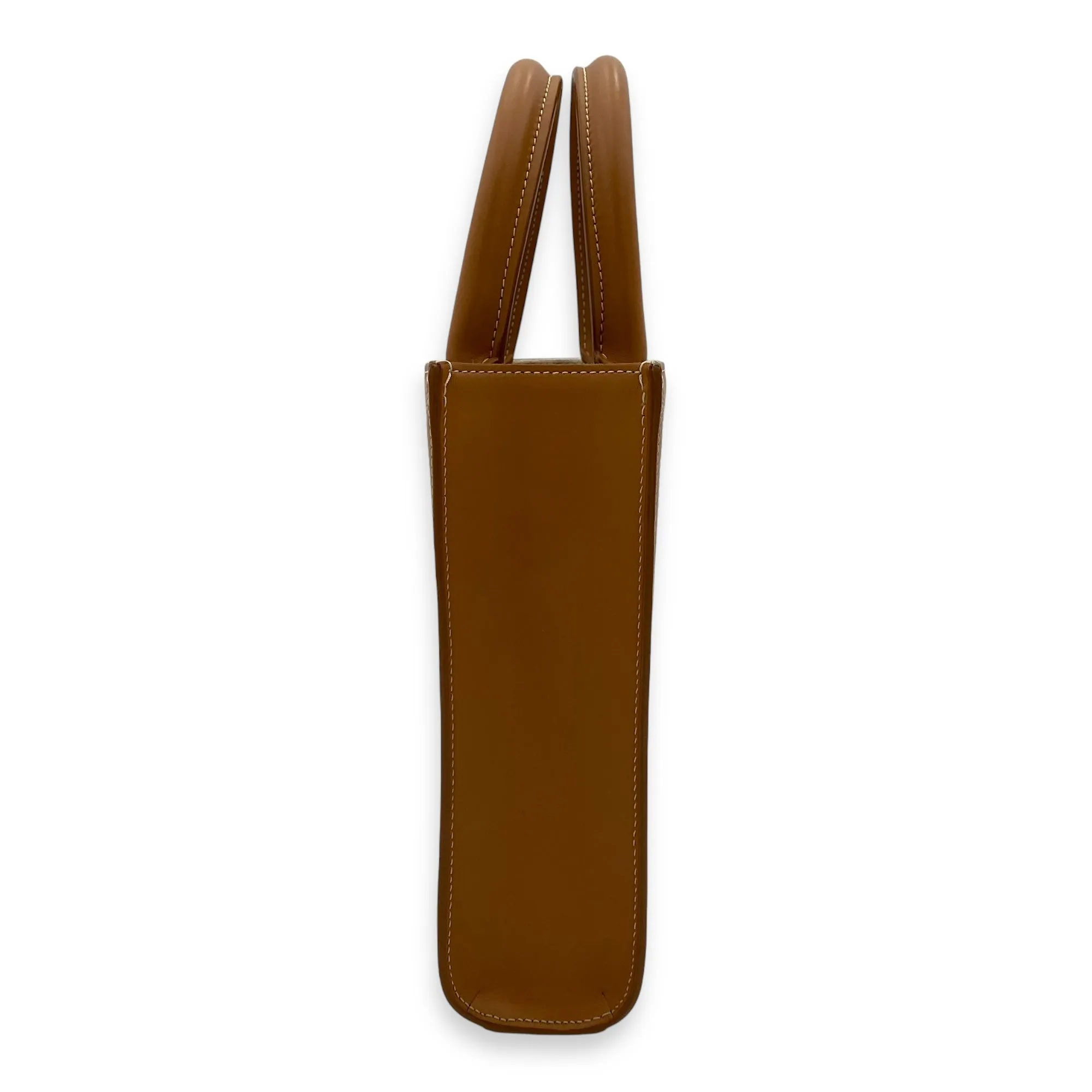 Vertical Mini Brown Top Handle Bag in Canvas, Gold hardware