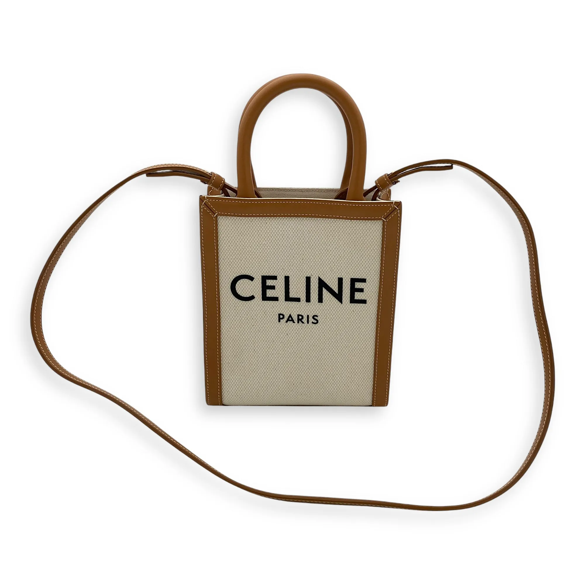 Vertical Mini Brown Top Handle Bag in Canvas, Gold hardware