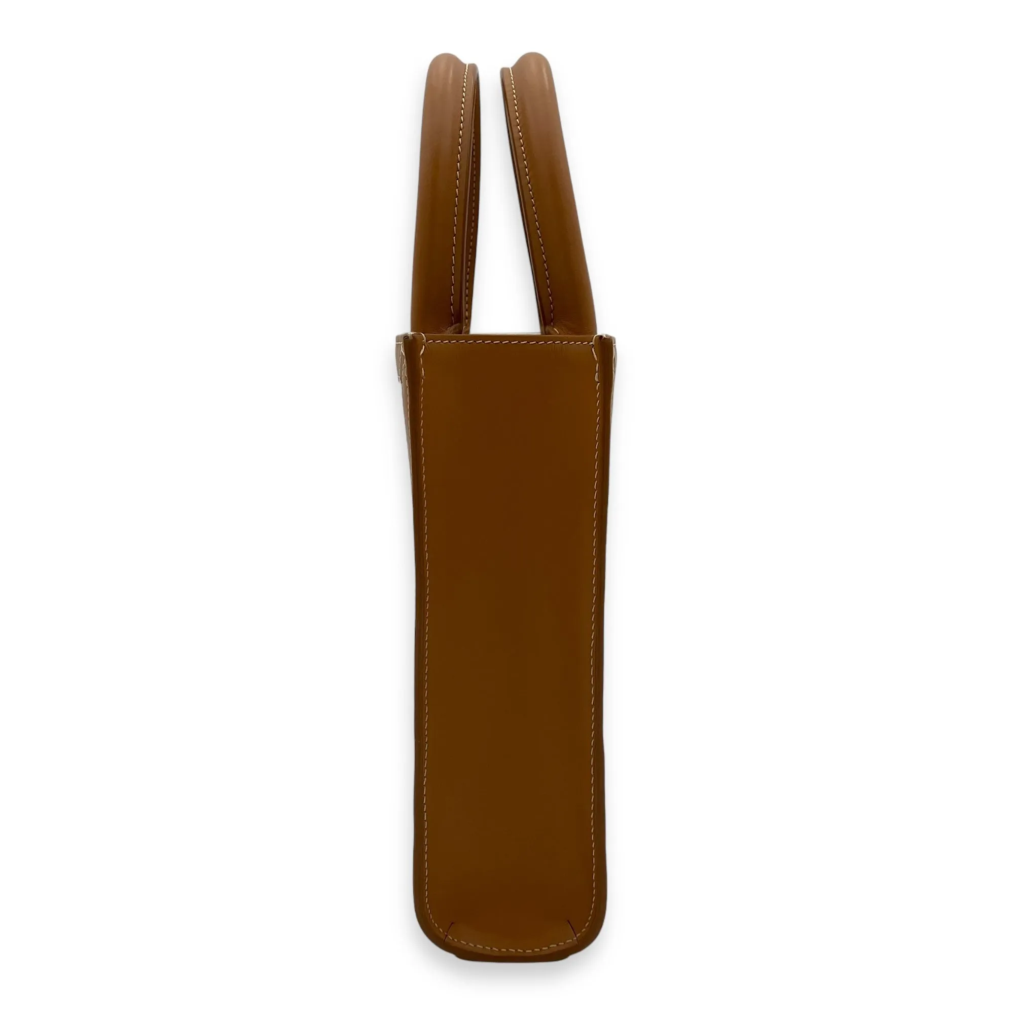 Vertical Mini Brown Top Handle Bag in Canvas, Gold hardware