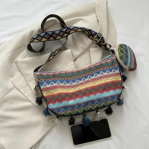 Vibrant Printed Tassel Crossbody Bag