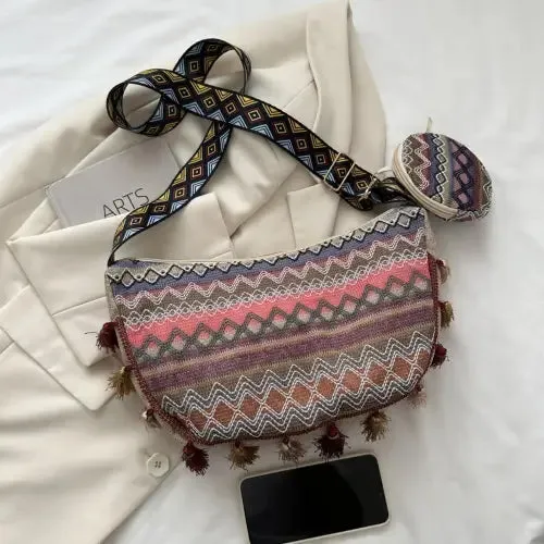Vibrant Printed Tassel Crossbody Bag