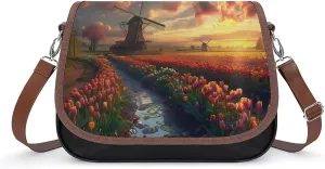 Vibrant Tulips Field with Dutch Windmills Crossbody Bags for Women PU Leather Tote Bag Purse Shoulder Bag for Travel Office