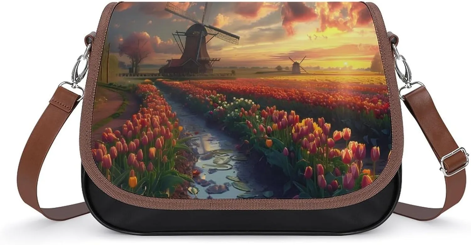 Vibrant Tulips Field with Dutch Windmills Crossbody Bags for Women PU Leather Tote Bag Purse Shoulder Bag for Travel Office