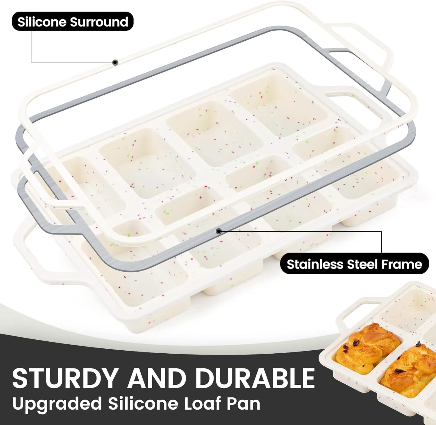 Vinino Silicone Mini Loaf Pans with Metal Reinforced Frame-2 Pack, Non-stick Silicone Bread Pan for Baking 8-Cavity, Tiny Banana Bread Set, Dishwasher Safe Brownie Pan-Cream