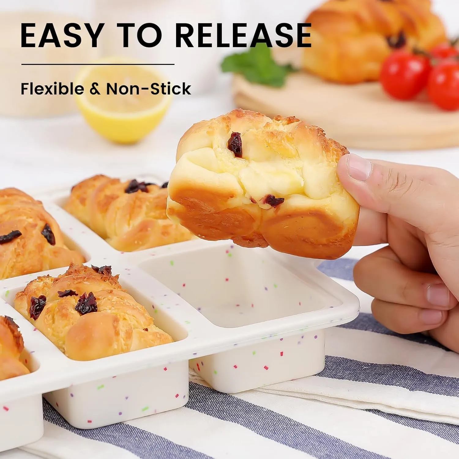 Vinino Silicone Mini Loaf Pans with Metal Reinforced Frame-2 Pack, Non-stick Silicone Bread Pan for Baking 8-Cavity, Tiny Banana Bread Set, Dishwasher Safe Brownie Pan-Cream