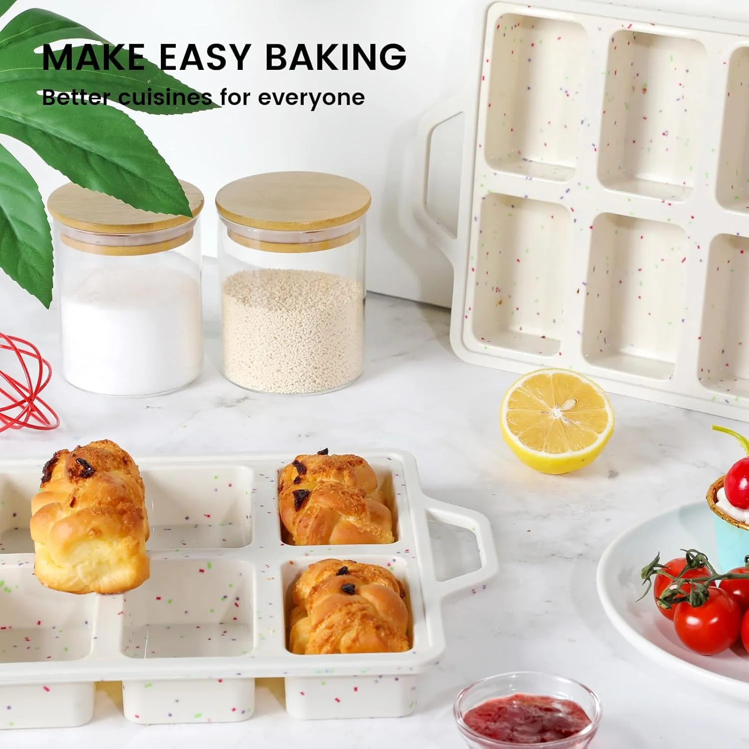 Vinino Silicone Mini Loaf Pans with Metal Reinforced Frame-2 Pack, Non-stick Silicone Bread Pan for Baking 8-Cavity, Tiny Banana Bread Set, Dishwasher Safe Brownie Pan-Cream