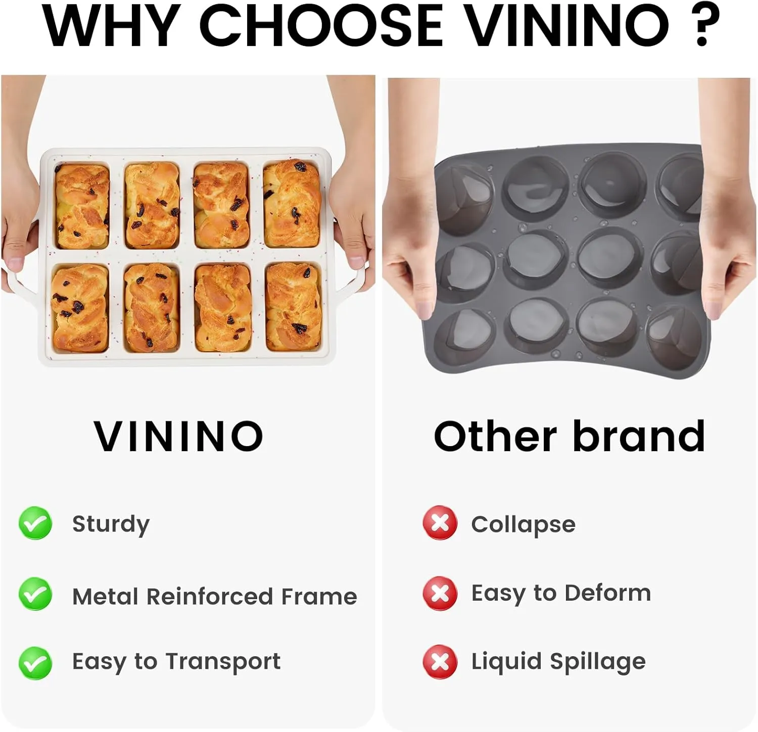 Vinino Silicone Mini Loaf Pans with Metal Reinforced Frame-2 Pack, Non-stick Silicone Bread Pan for Baking 8-Cavity, Tiny Banana Bread Set, Dishwasher Safe Brownie Pan-Cream