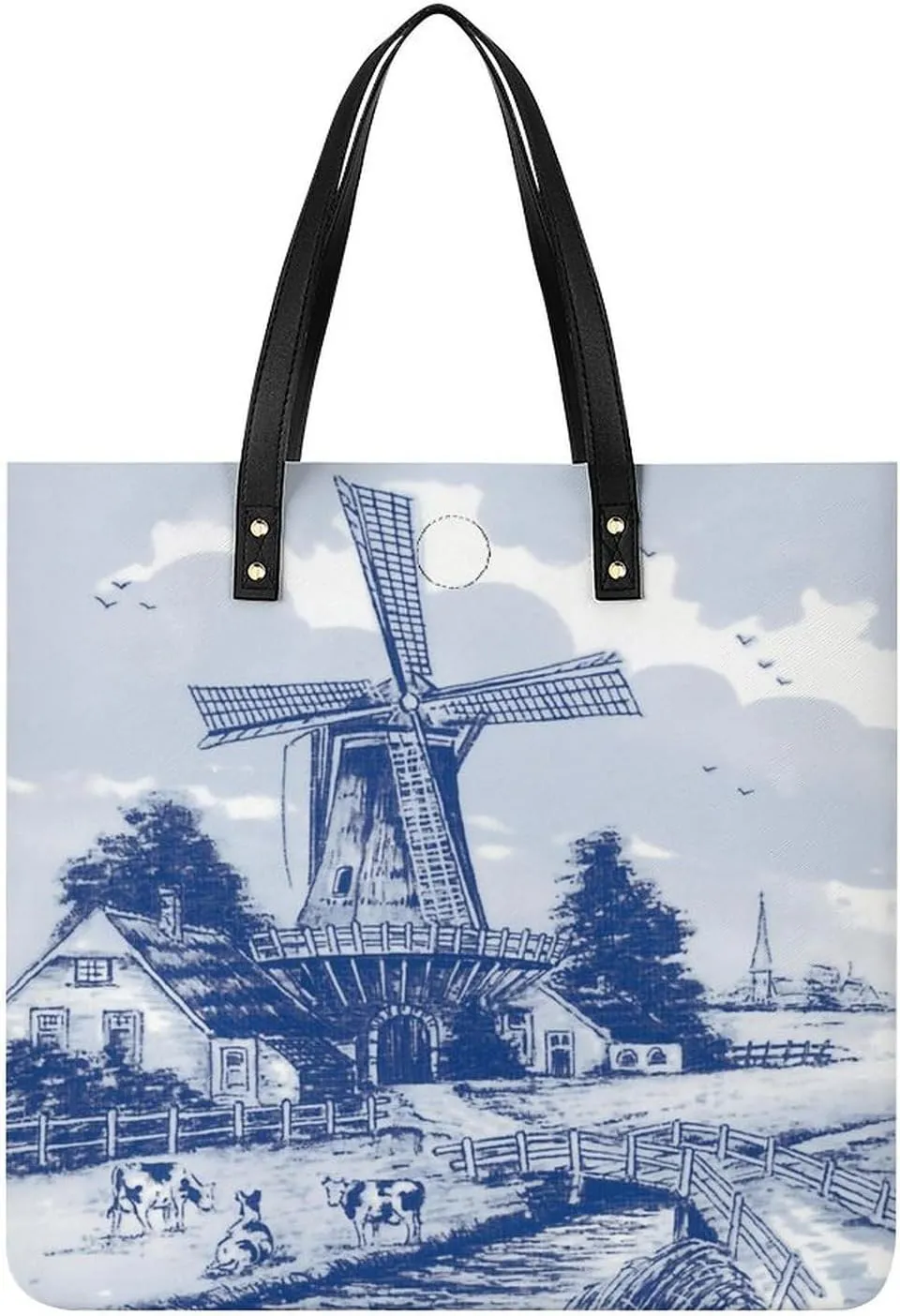 Vintage Blue Nederland Dutch Windmill Delft Women Tote Bags Top Handle Satchel Handbags PU Faux Leather Tassel Shoulder Purse