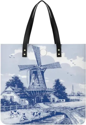 Vintage Blue Nederland Dutch Windmill Delft Women Tote Bags Top Handle Satchel Handbags PU Faux Leather Tassel Shoulder Purse