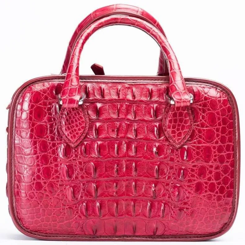 Vintage Crocodile Bone Leather Tote Small Top Handle Bag Vintage Red