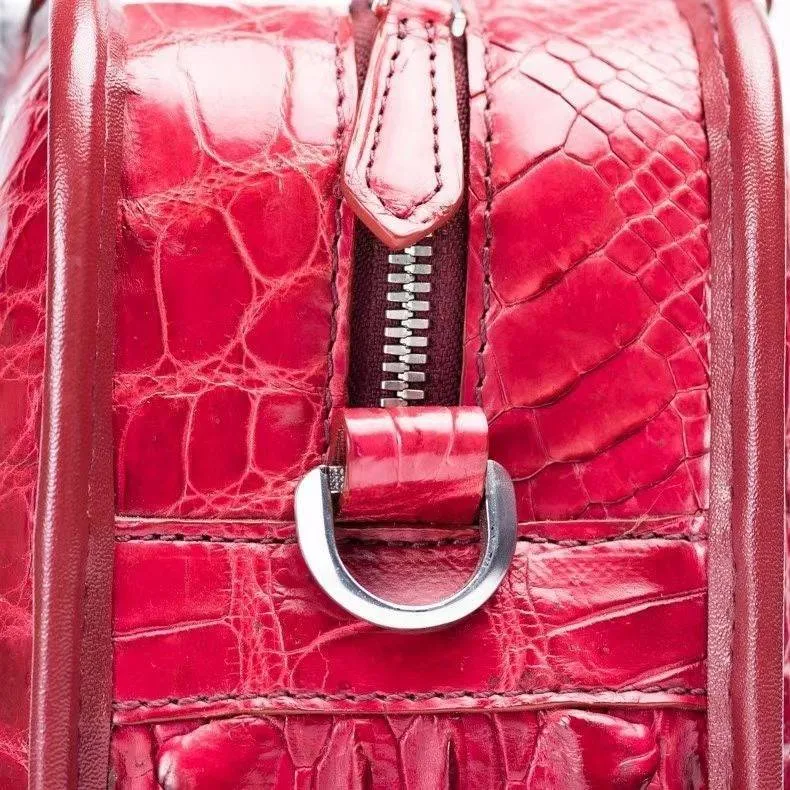 Vintage Crocodile Bone Leather Tote Small Top Handle Bag Vintage Red
