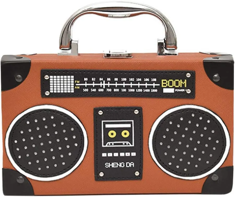 Vintage Radio Clutch Handbag Leather Top Handle Crossbody Shoulder Bag