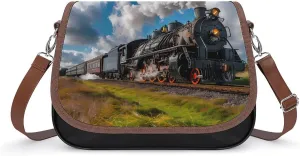 Vintage Steam Engine Locomotive Train Crossbody Bags for Women PU Leather Tote Bag Purse Shoulder Bag for Travel Office