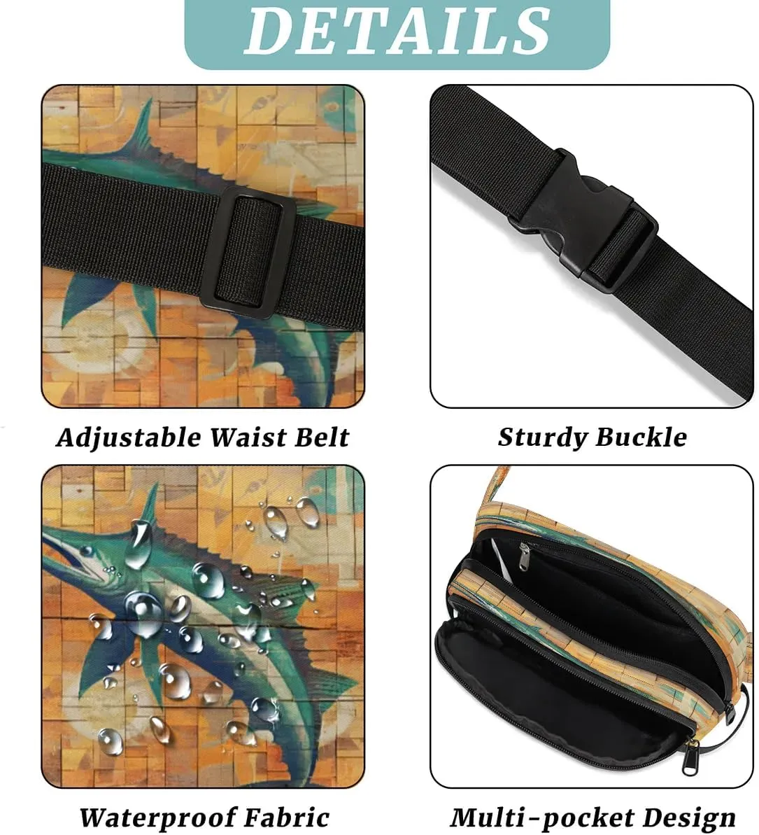 Vintage Swordfish Men's and Women's Waist Pack Crossbody Marine Animal Print Waist Pack Running Strap, Adjustable Shoulder Strap - For Hiking and Running Exercise Fitness