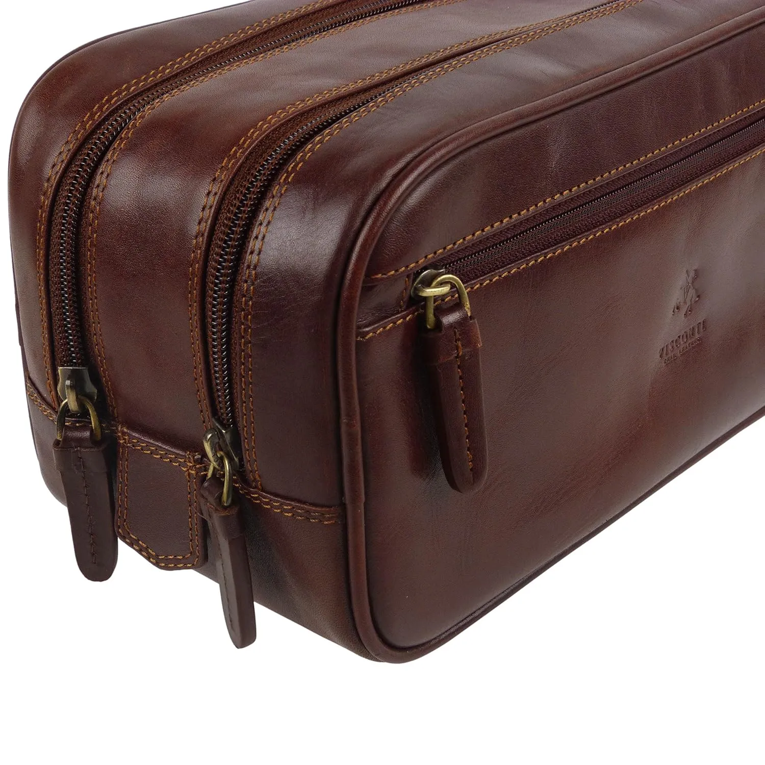 Visconti Stylish Top Leather Wash Bag By ; Monza Travel Veg Tan Brown