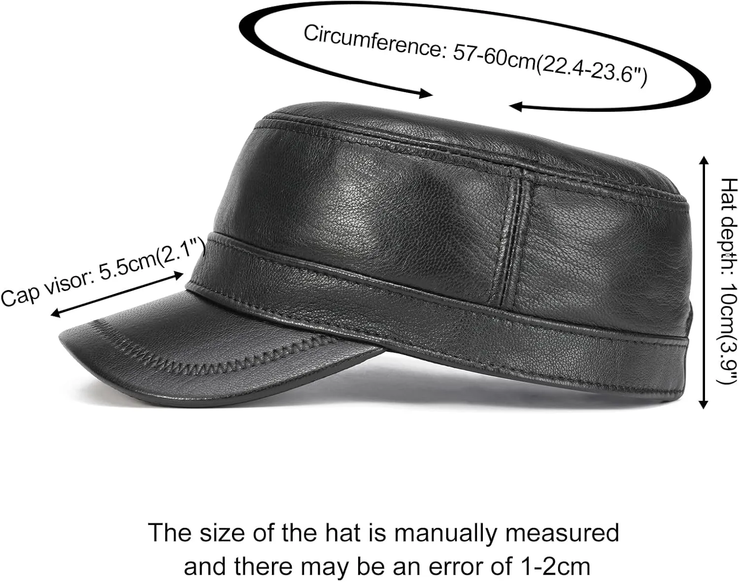 VOBOOM Leather Cadet Army Cap Adjustable Flat Top Military Style Hat for Men