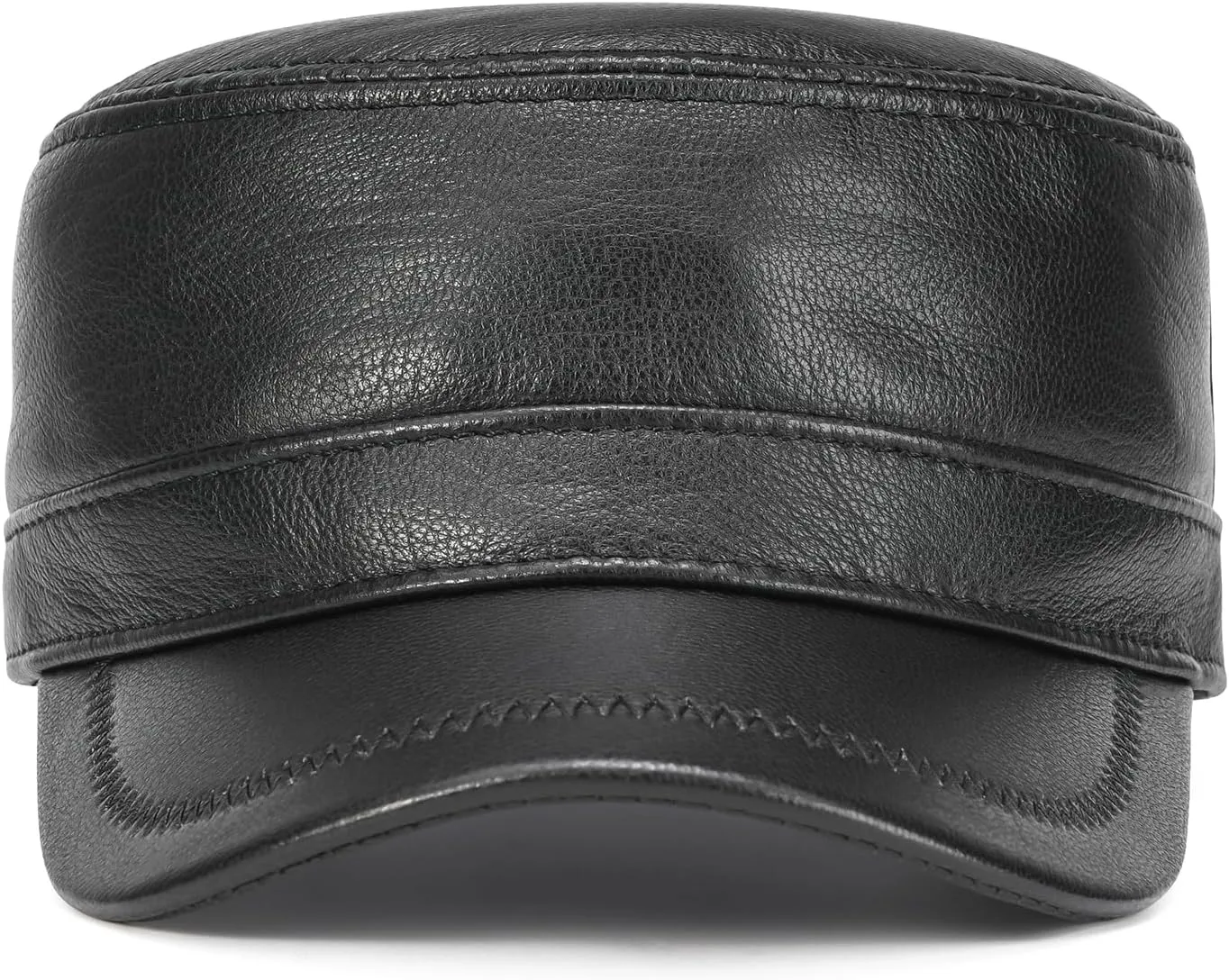 VOBOOM Leather Cadet Army Cap Adjustable Flat Top Military Style Hat for Men