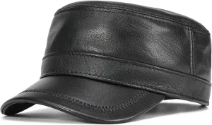 VOBOOM Leather Cadet Army Cap Adjustable Flat Top Military Style Hat for Men