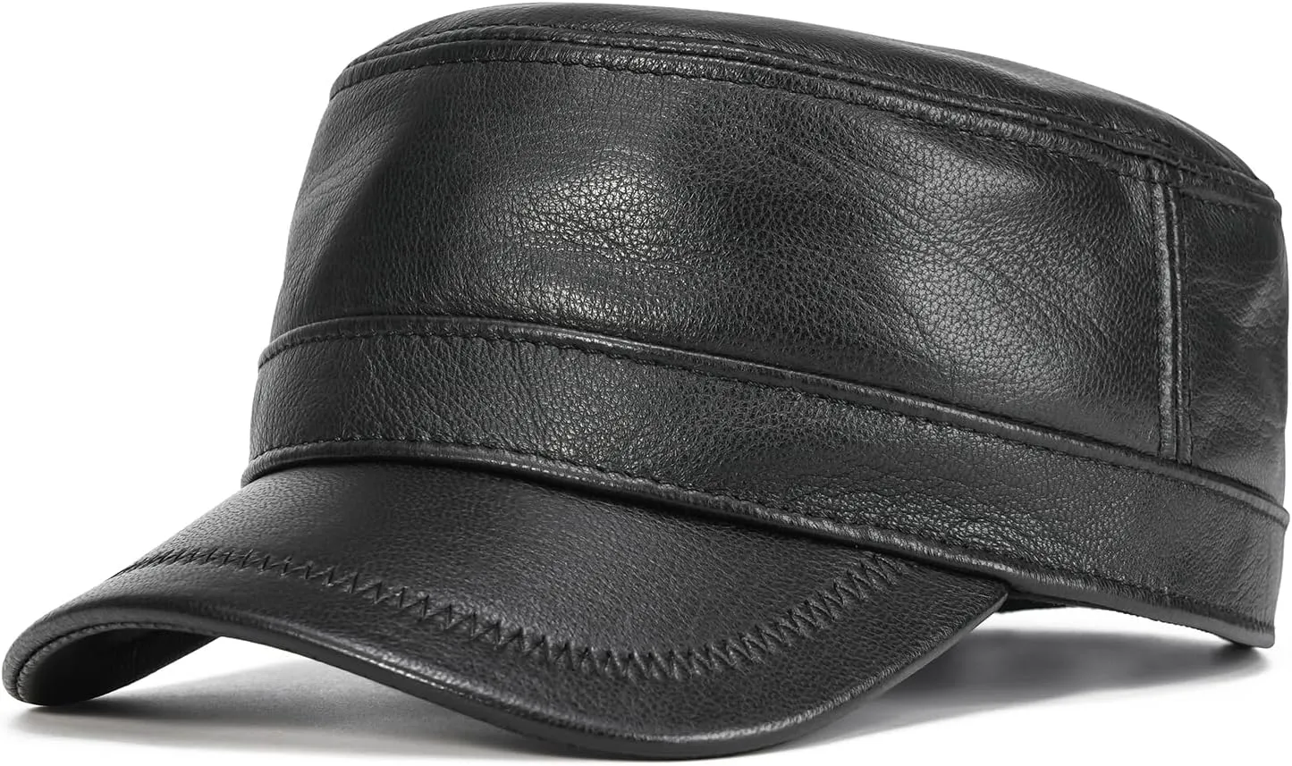 VOBOOM Leather Cadet Army Cap Adjustable Flat Top Military Style Hat for Men