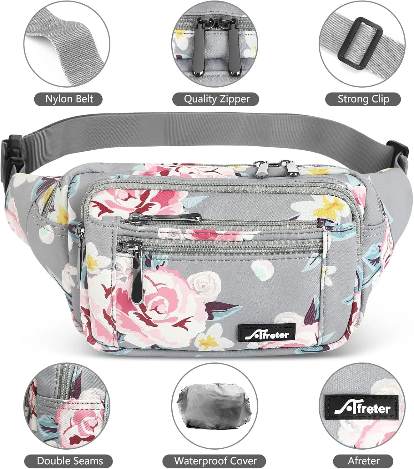 Waist Pack Bag Fanny Pack for Men&Women Hip Bum Bag with Adjustable Strap for Outdoors Workout Traveling Casual Running Hiking Cycling (New Grey Flowers)