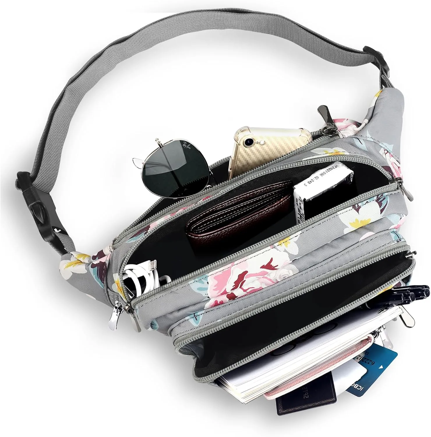 Waist Pack Bag Fanny Pack for Men&Women Hip Bum Bag with Adjustable Strap for Outdoors Workout Traveling Casual Running Hiking Cycling (New Grey Flowers)