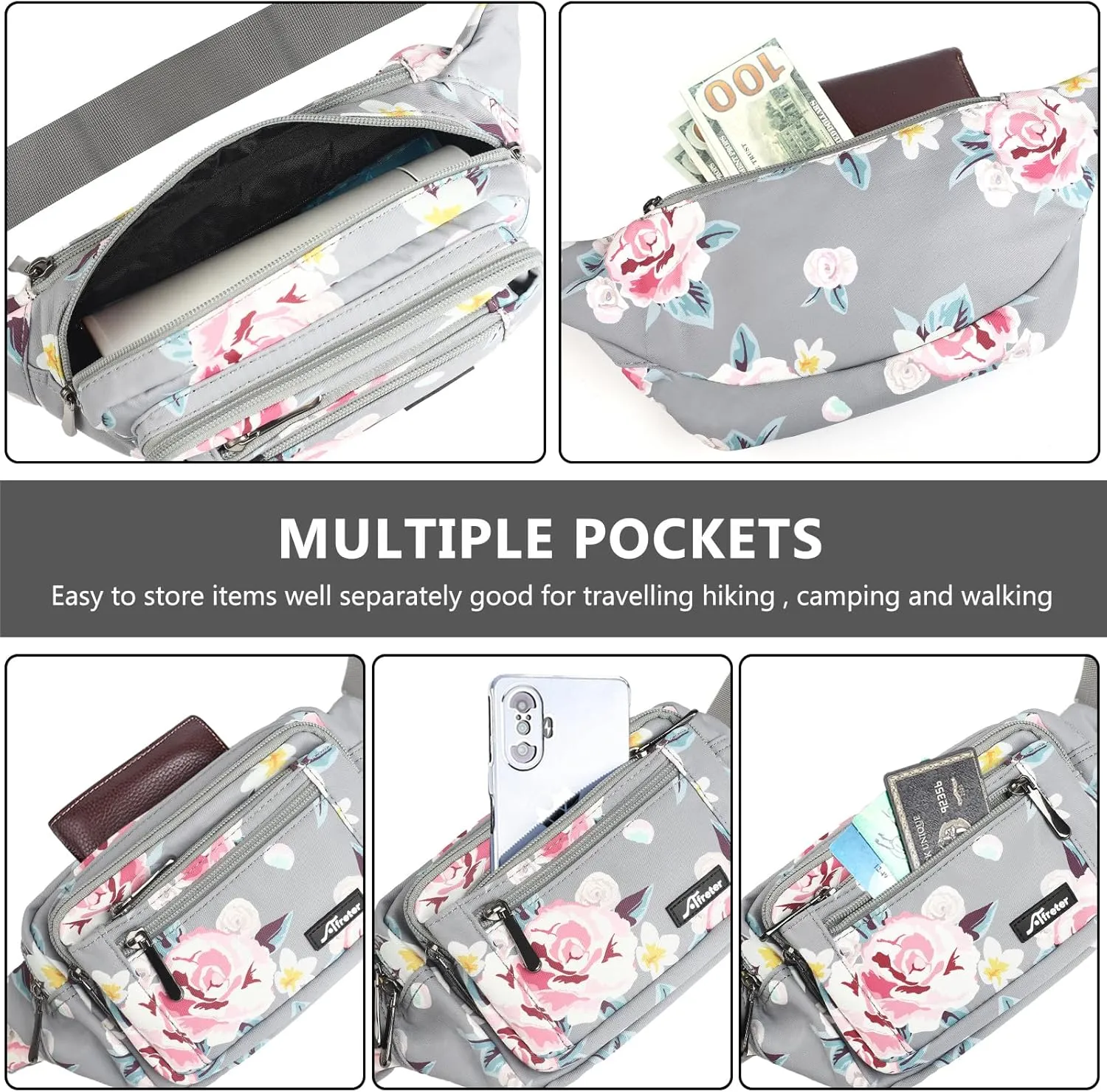 Waist Pack Bag Fanny Pack for Men&Women Hip Bum Bag with Adjustable Strap for Outdoors Workout Traveling Casual Running Hiking Cycling (New Grey Flowers)