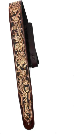 Walker & Williams KH-02-BRN Walnut Brown Premium Carving Leather Padded Guitar Strap With Hand Carved Traditional Western Sheridan Tooling For Acoustic, Electric, And Bass Guitars