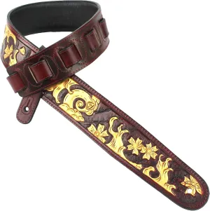 Walker And Williams LHR-27 Handmade Garnet Red Premium Carved Leather Guitar Strap With Gold Sumi-E Wave Scene For Acoustic, Electric, And Bass Guitars