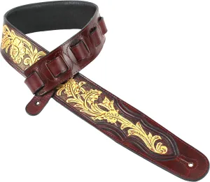 Walker And Williams LHR-37 Handmade Blood Red Premium Carving Leather Guitar Strap With Bright Gold Western Sheridan Carving Pattern And Padded Leather Back For Acoustic, Electric, And Bass Guitars