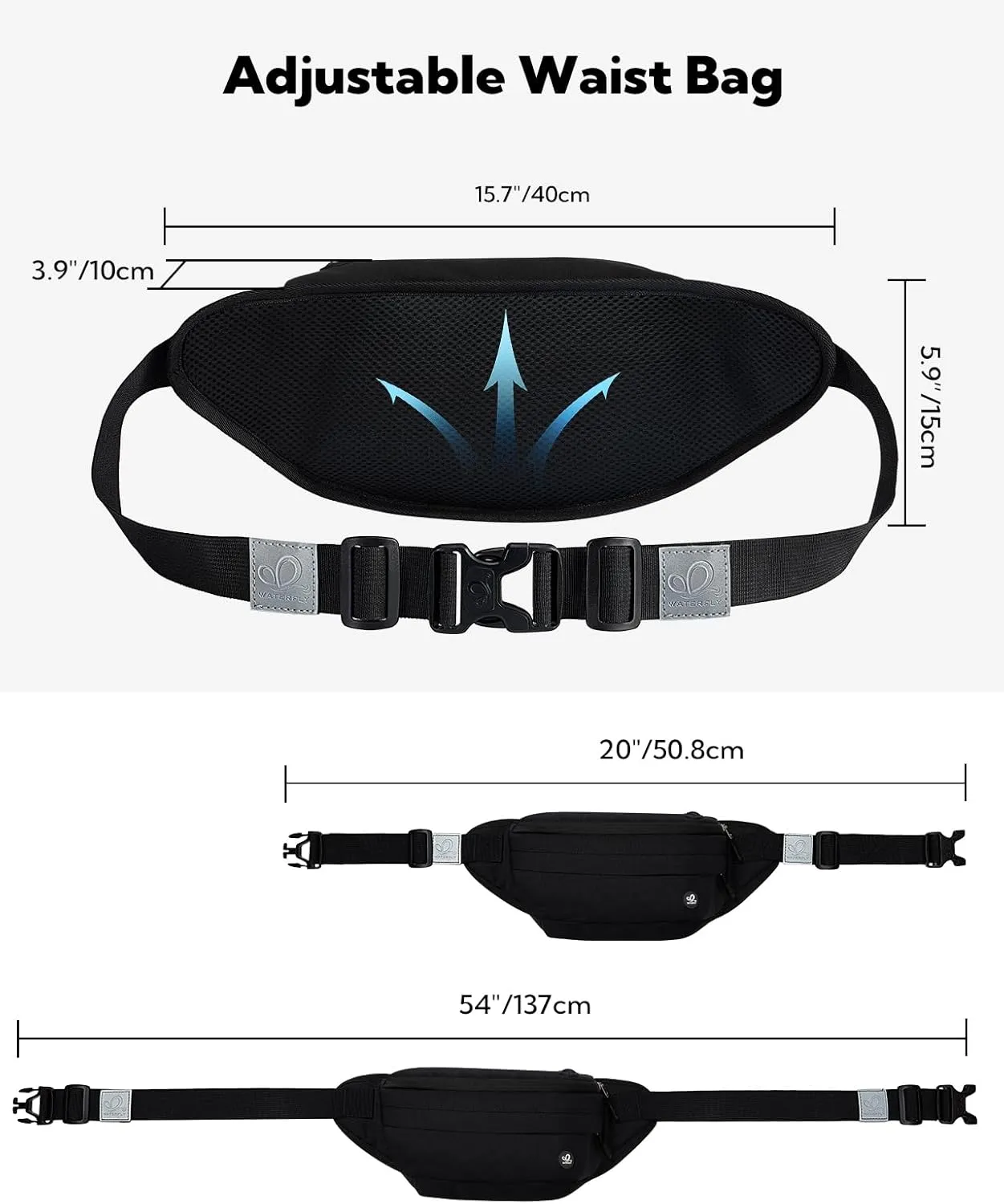 WATERFLY Fanny Pack for Men Women Water Resistant Large Hiking Waist Bag Pack Carrying All Phones for Running Walking Traveling