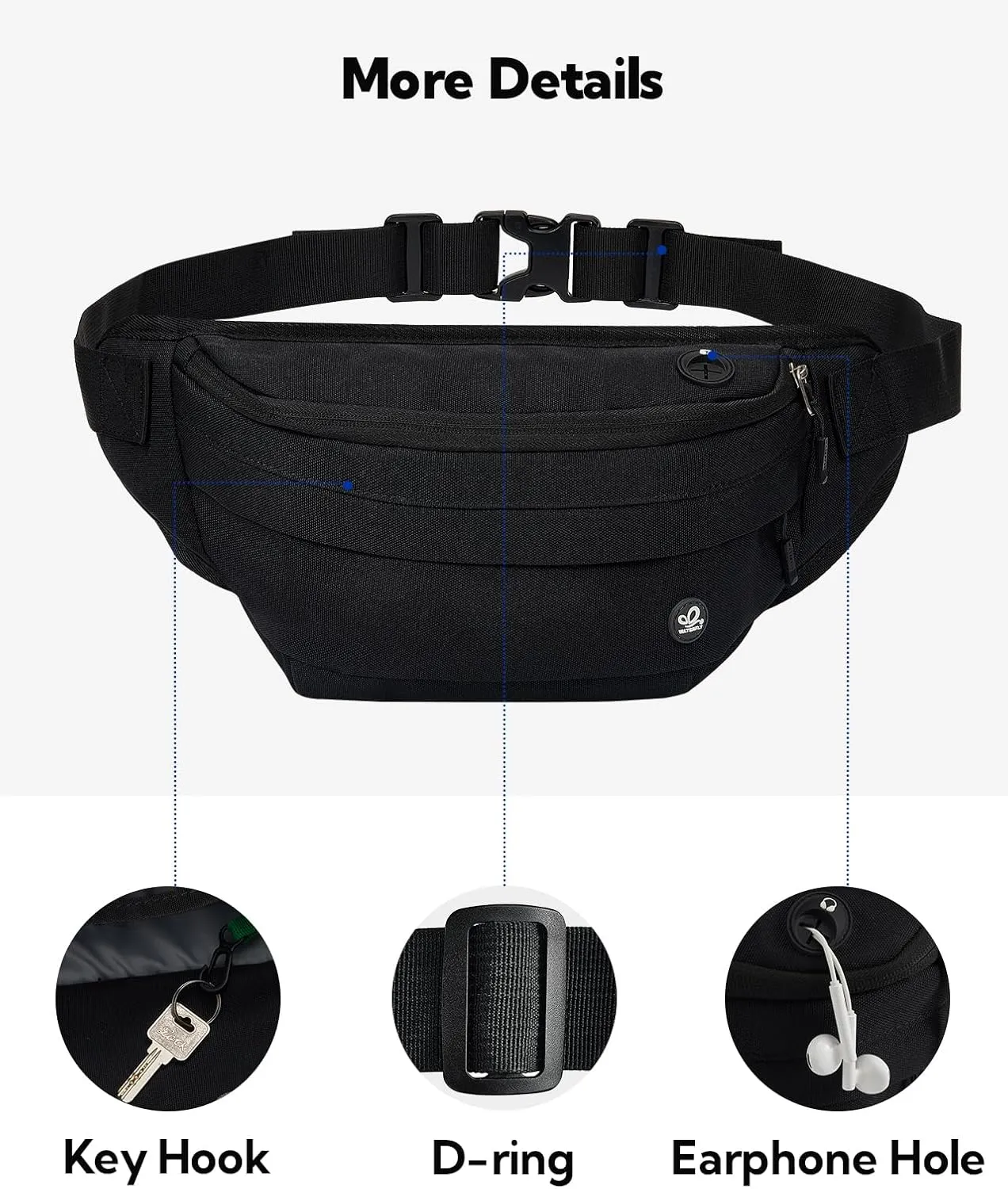 WATERFLY Fanny Pack for Men Women Water Resistant Large Hiking Waist Bag Pack Carrying All Phones for Running Walking Traveling