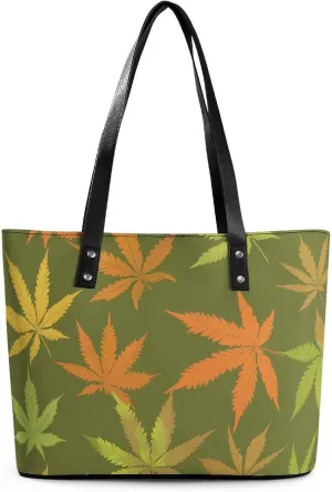 Weed Leaves Women's Tote Shoulder Bag Handbag Top Handle Leather 29 * 34 * 14cm